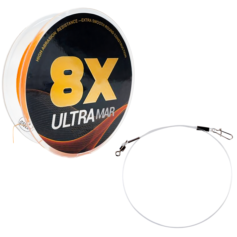 Kuitusiima UltraMar 8X, 120 m + Fluorocarbon-peruke, oranssi