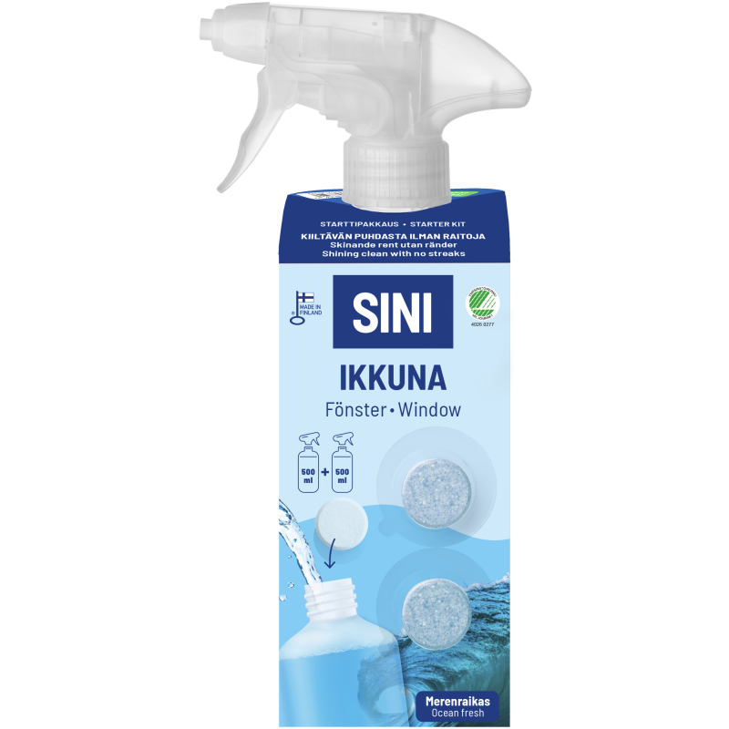 Puhdistusainetabletti Sini Ikkuna Starttipakkaus 2 kpl + pullo