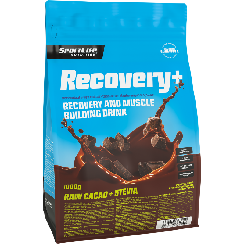 Palautusjuomajauhe SportLife 1000 g Recovery+ raakakaakao-stevia