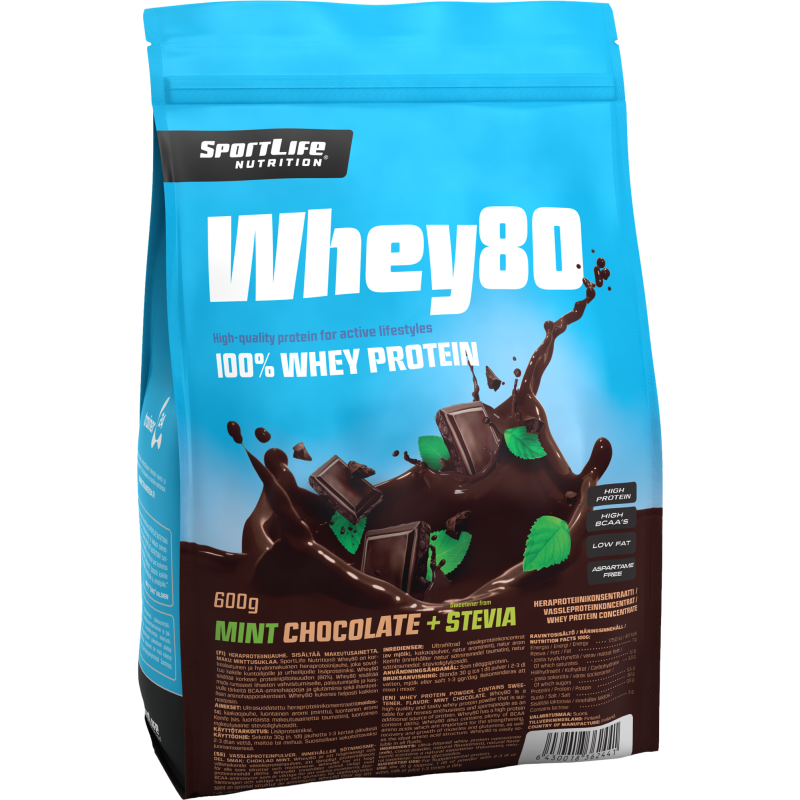 Heraproteiinijauhe SportLife 600 g Whey80 minttusuklaa-stevia