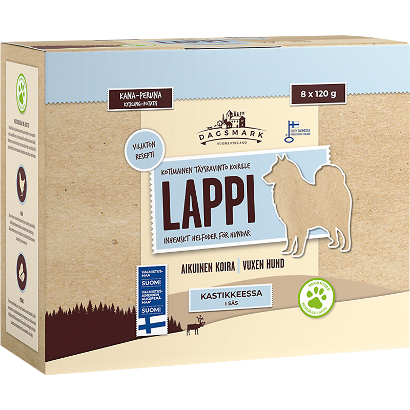 Koiranruoka Dagsmark 8 x 120 g Lappi kana-peruna kastikkeessa