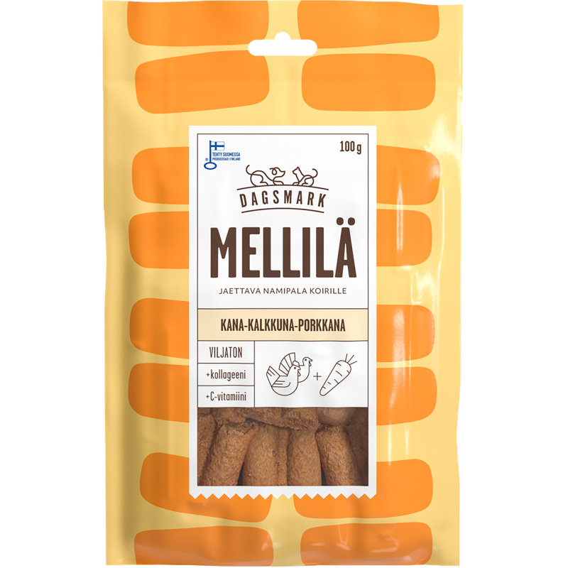 Koiran herkku Dagsmark 100 g Mellilä kana-kalkkuna-porkkana
