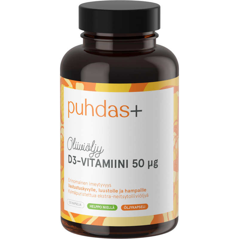 D3-vitamiini Puhdas+ 50 µg 120 kaps Oliiviöljy