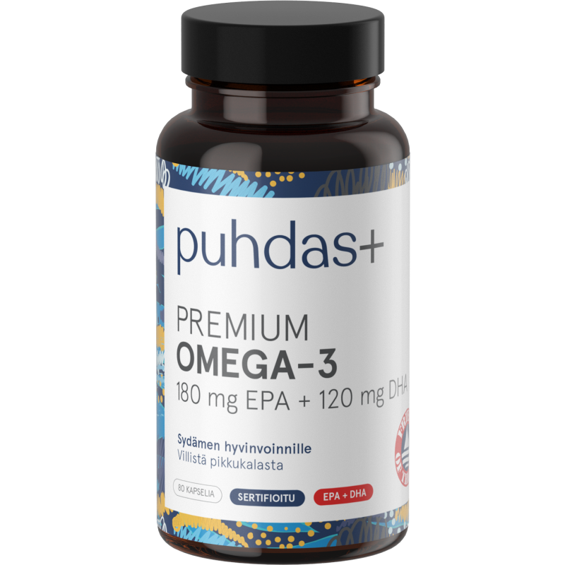Omega-3 Puhdas+ 180 mg EPA + 120 mg DHA 80 kaps