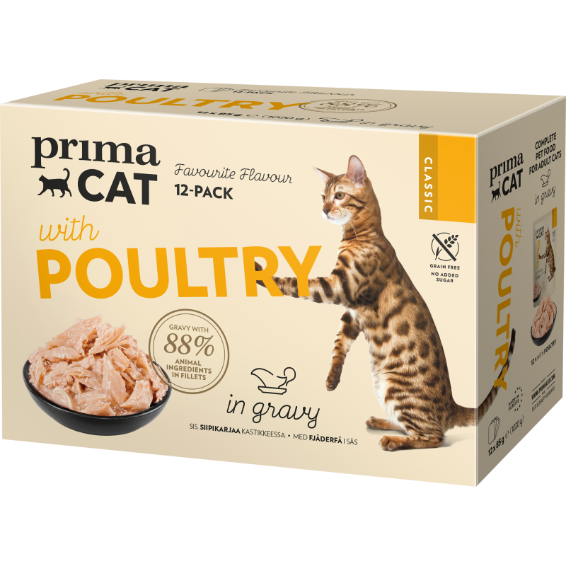 Kissanruoka PrimaCat 12 x 85 g Classic siipikarjaa kastikkeessa