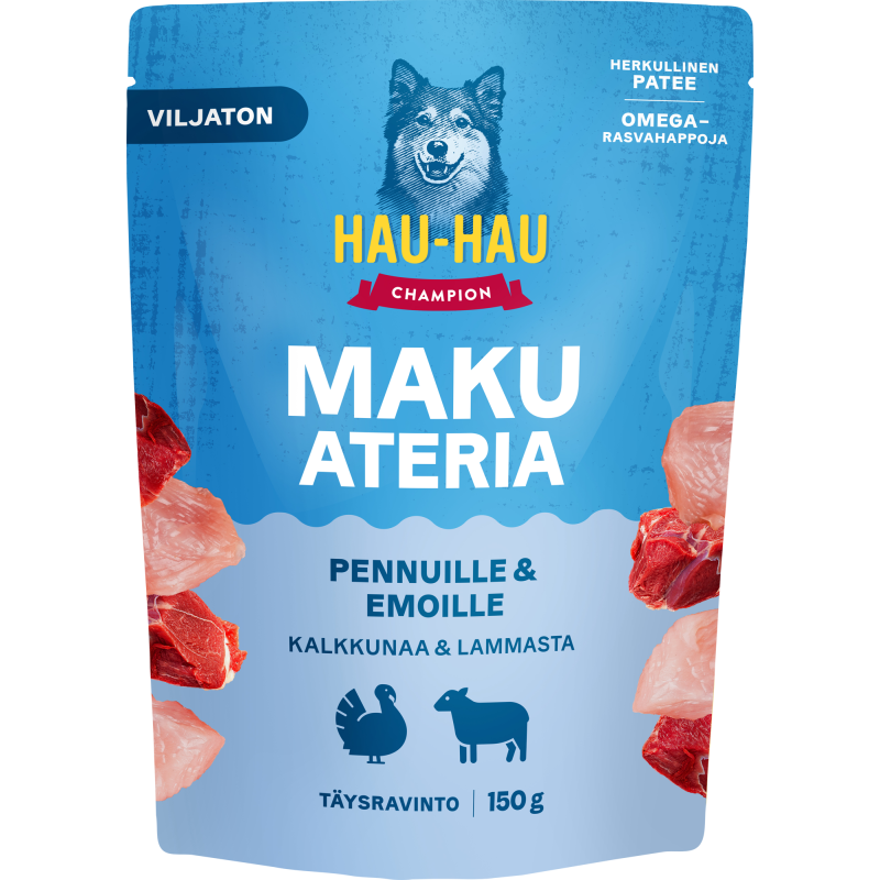 Koiranruoka Hau-Hau 150 g Makuateria Pennuille ja emoille, kalkkuna & lammas