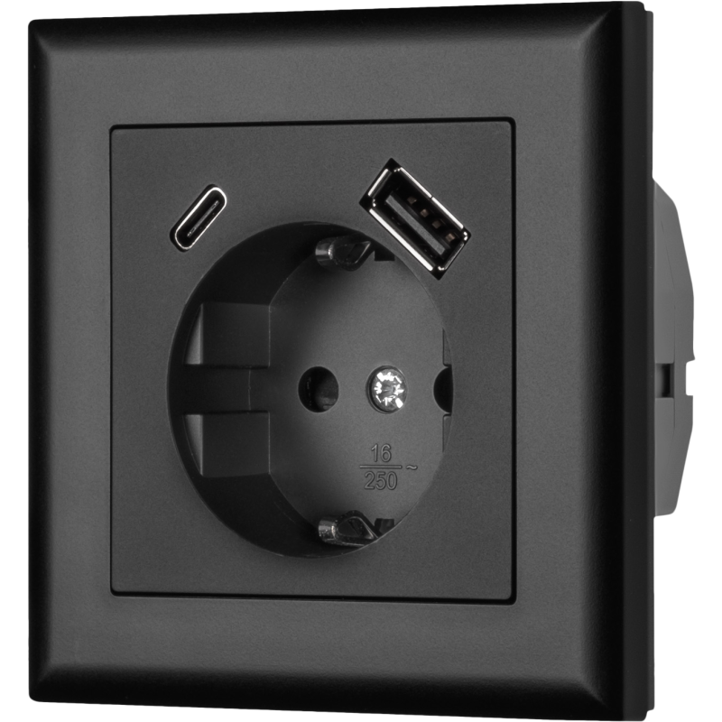 Pistorasia Fjord Schuko + USB A+C musta