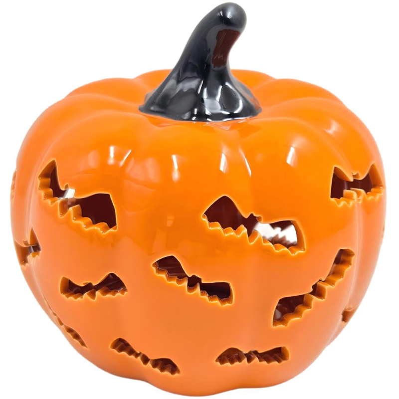Koristekurpitsa Happy Halloween 14 cm LED lepakot