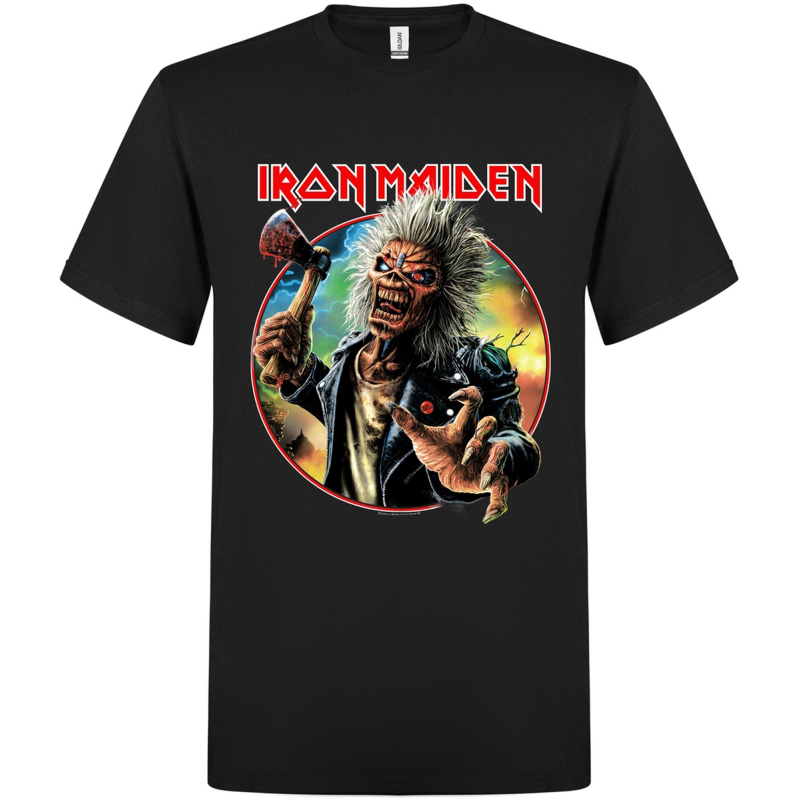T-paita Iron Maiden Axe Eddie Red White Circle Back and Front