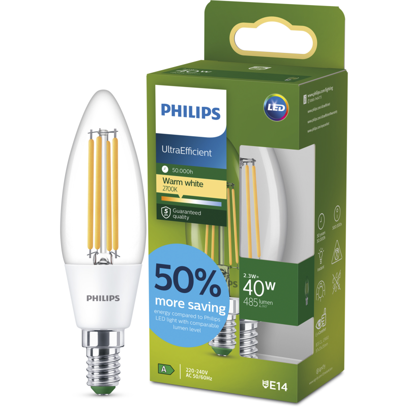 LED-lamppu Philips Ultra Efficient 485 LM 40W B35 E14 2700 K