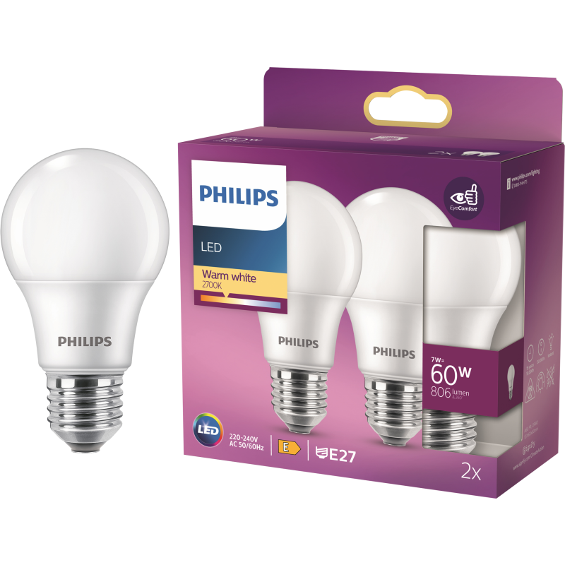 LED lamppu Philips 60W A60 E27 huurrettu 2 kpl