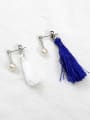 Fashion Chinlon Tassels Freshwater Pearl Silver Stud Earrings