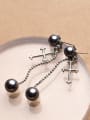 Exquisite Cross Shaped Black Artificial Pearl Silver Drop Earrings