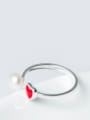 Fashion Red Heart Artificial Pearl Opening 925 Silver Ring