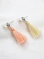 Fashion Freshwater Pearl Chinlon Tassels Silver Stud Earrings