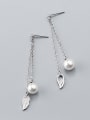 Women Elegant Feather Shaped Pearl S925 Silver Drop Earrings