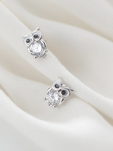 925 Sterling Silver With  Cubic Zirconia Owl Stud Earrings