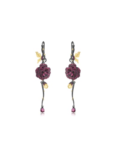 925 Sterling Silver With Black Gun Plated Vintage Flower Drop Earrings