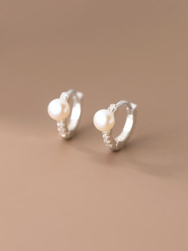 925 Sterling Silver With Freshwater Pearl Geometric Hoop Earrings