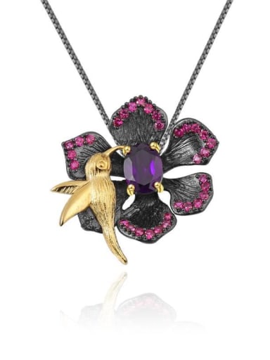 925 Sterling Silver With Black Gun Plated Vintage dual purpose brooch pendant  Flower Necklaces