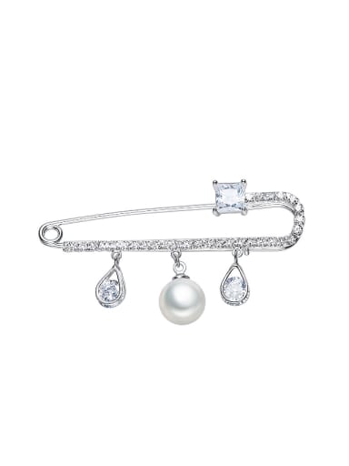 Simple Artificial Pearl Zircon Platinum Plated Brooch