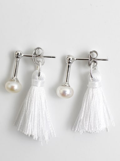 Fashion Chinlon Tassels Freshwater Pearl Silver Stud Earrings