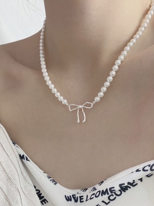 Chris 925 Sterling Silver With Artificial Pearl Bow tie Necklaces
