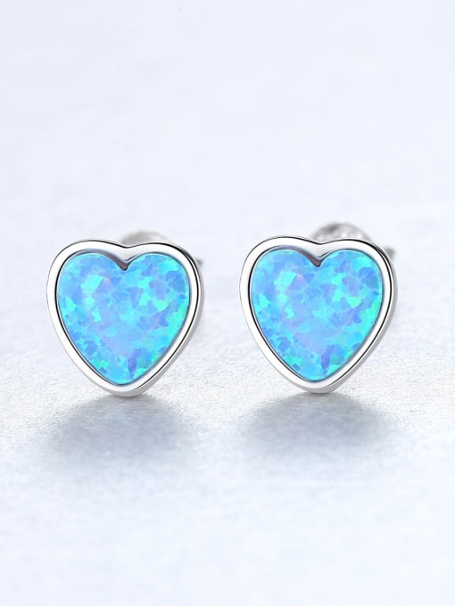 One Next 925 Sterling Silver With  Opal Simplistic Heart Stud Earring