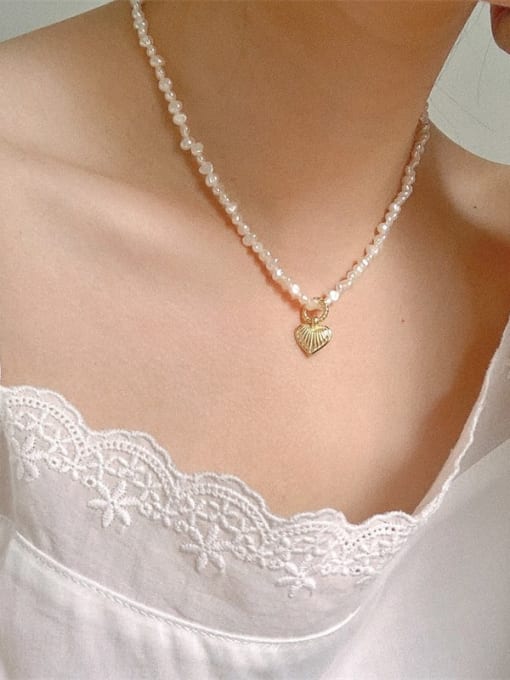 Chris 925 Sterling Silver With 18k Gold Plated  Freshwater Pearl Delicate Heart Necklaces