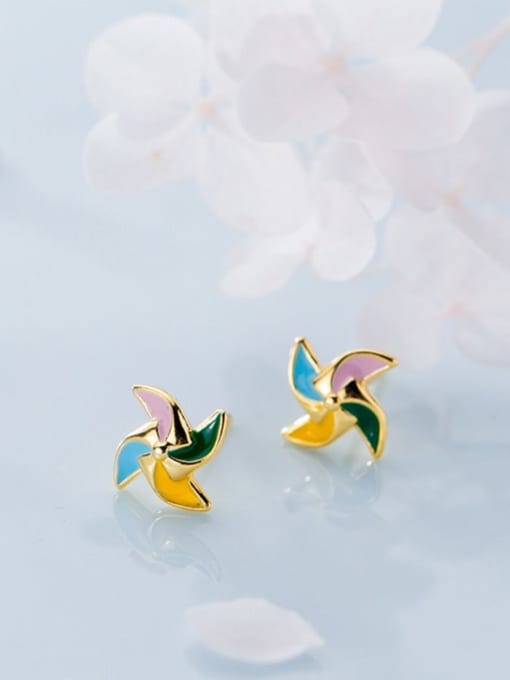 Chris 925 Sterling Silver With 18k Gold Plated Cute Windmill Stud Earrings