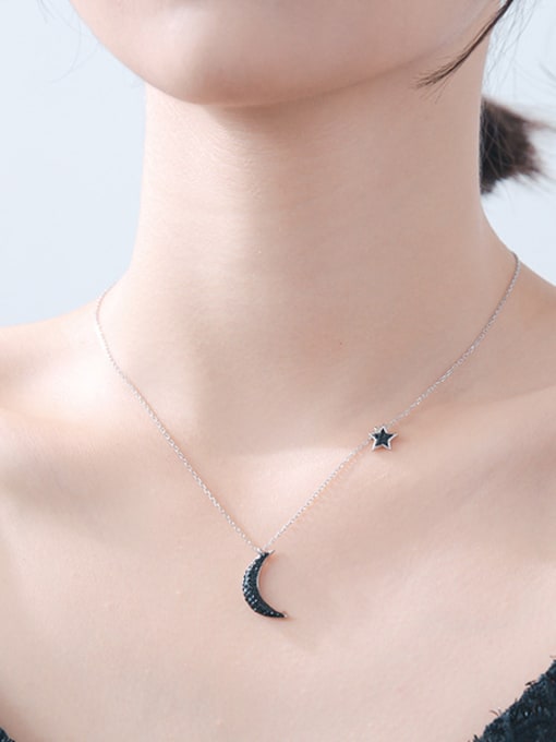 Tina Sterling Silver unique black Rhinestone star and Moon Necklace