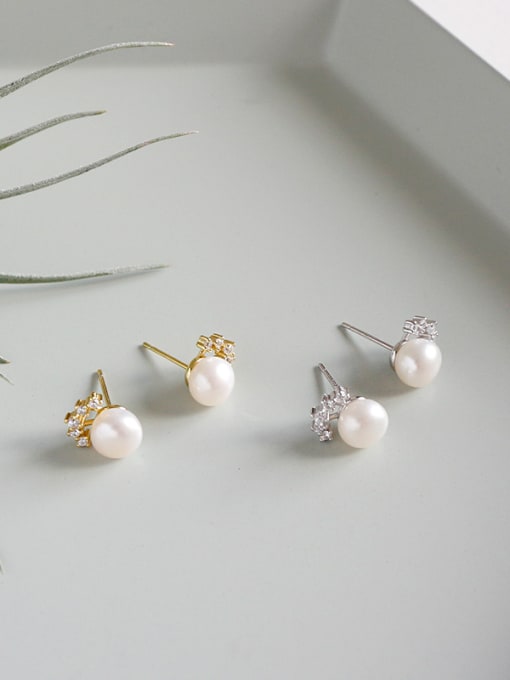 Arya Sterling silver micro-encrusted freshwater pearl crown stud earrings