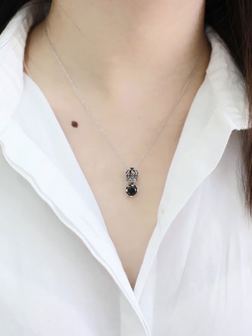 Arya Retro style Black Zircon Little Crown Silver Necklace