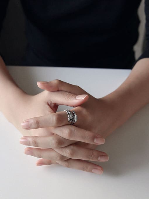 Arya Sterling Silver personalized retro feather free size rings