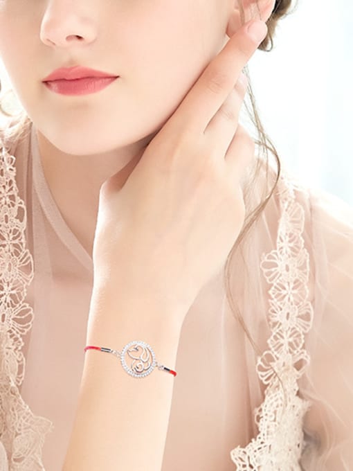 Maja Simple Hollow Round Little Dog 925 Silver Red Rope Bracelet