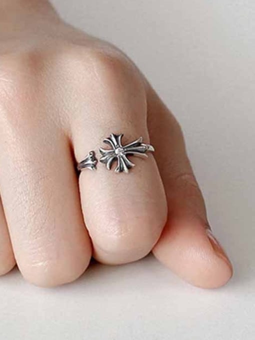 Arya Retro style Little Cross Rhinestone Silver Opening Ring