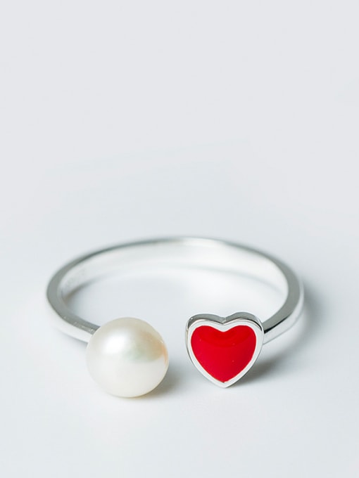 Christian Fashion Red Heart Artificial Pearl Opening 925 Silver Ring