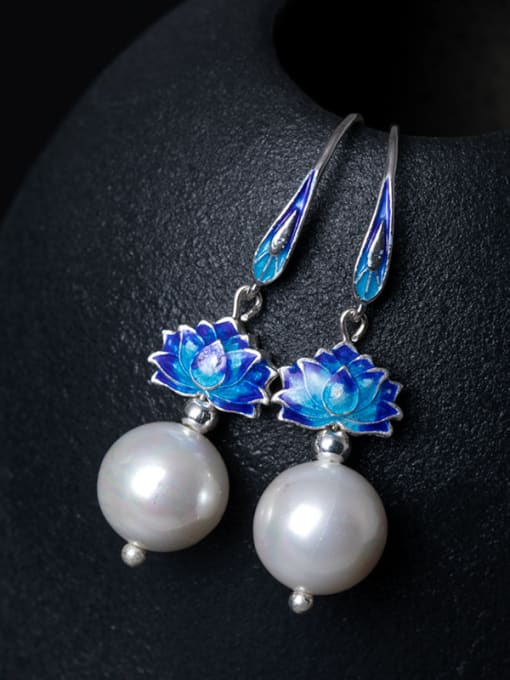 Christian Ethnic style Shell Pearl Blue Lotus Flower 925 Silver Earrings