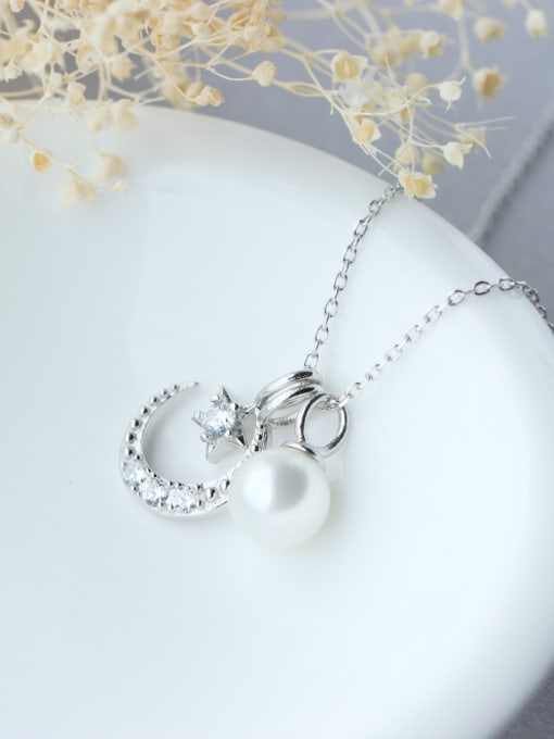 Tina S925 Silver Star Moon and Shell Pearl  Sweet Necklace Set With CZ