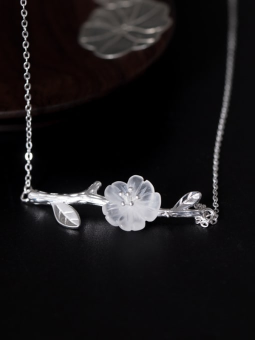 Christian Retro style Natural Crystal Flower Leaves Pendant 925 Silver Necklace