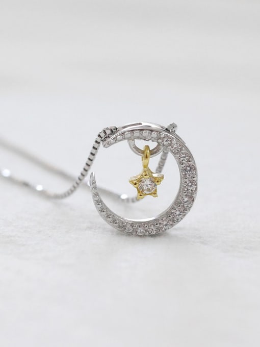 Arya Fashion Tiny Zircon-studded Moon Star Pendant Silver Necklace