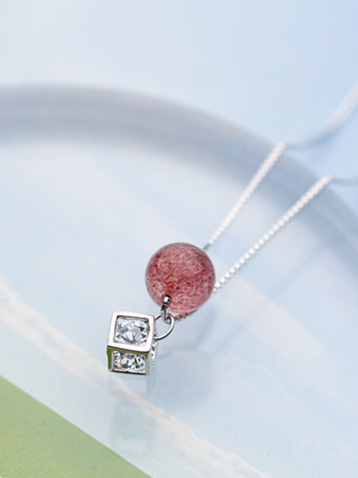 Tina Temperament Square Shaped Pink Crystal S925 Silver Necklace