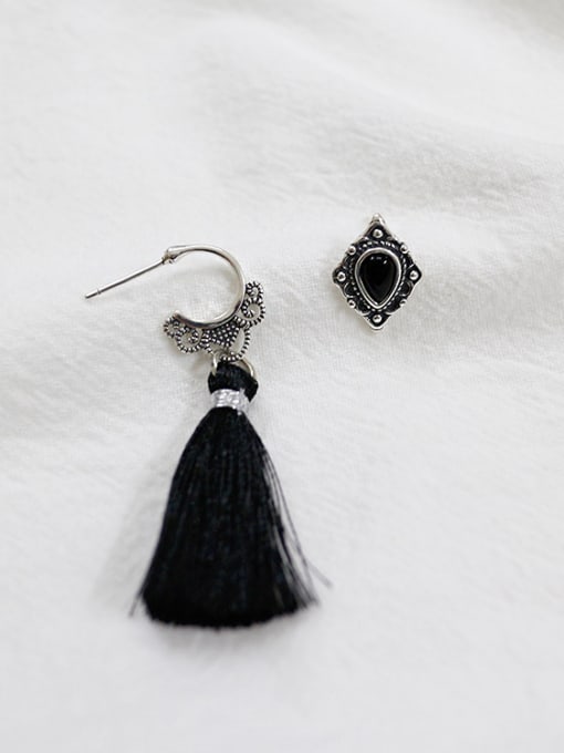 Arya Asymmetrical Black Carnelian Tassels Silver Stud Earrings