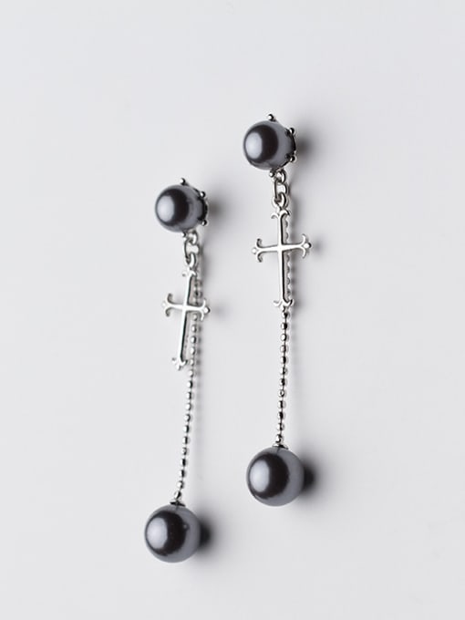 Tina Exquisite Cross Shaped Black Artificial Pearl Silver Drop Earrings