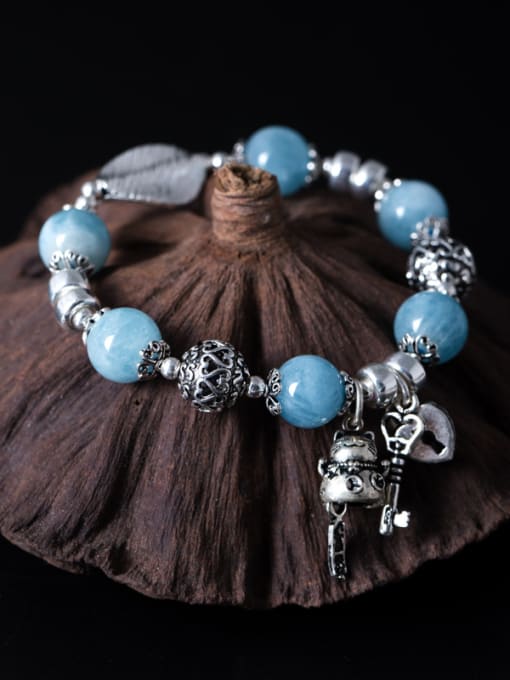 Christian Retro style Natural Blue Beads 925 Silver Bracelet