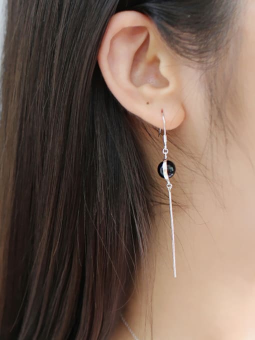 Arya Fashion Black Carnelian Ball Asymmetrical Silver Drop Earrings