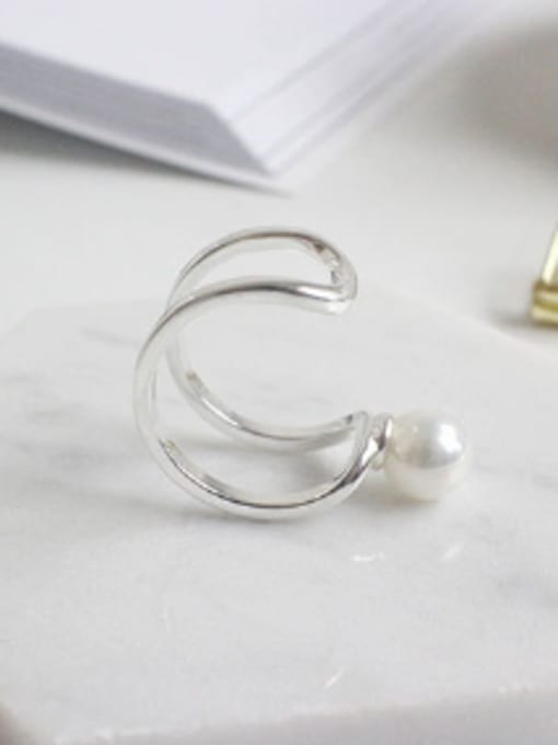 Arya Simple Two-band Artificial Pearl Silver Smooth Opening Ring