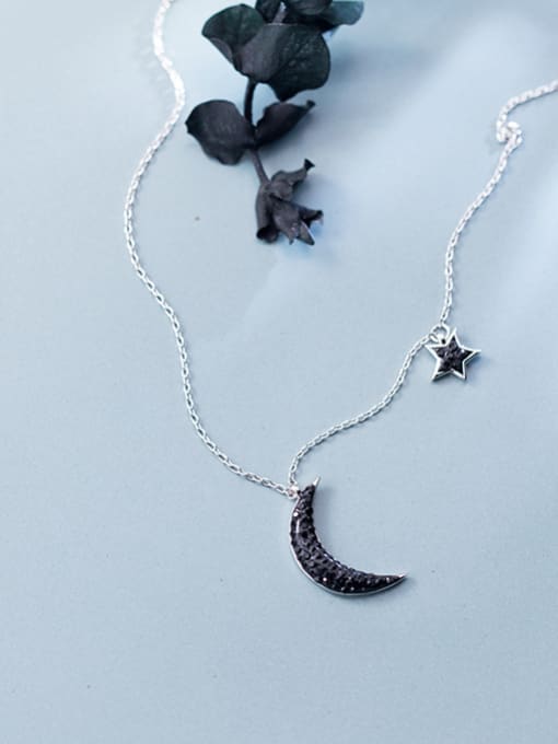 Tina Sterling Silver unique black Rhinestone star and Moon Necklace