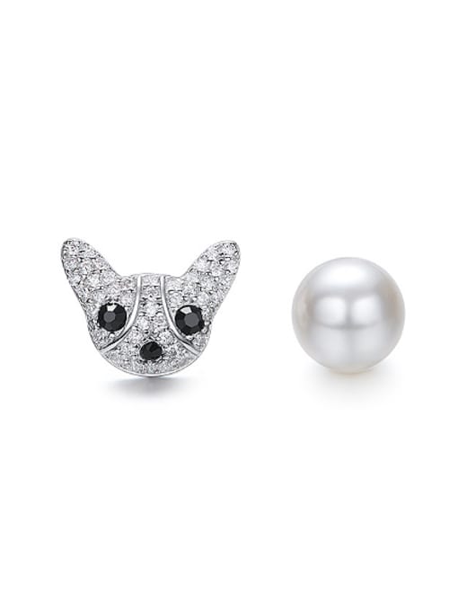 Maja Fashion Asymmetrical Little Dog Zirconias Artificial Pearl 925 Silver Stud Earrings