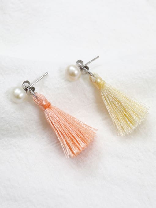 Arya Fashion Freshwater Pearl Chinlon Tassels Silver Stud Earrings